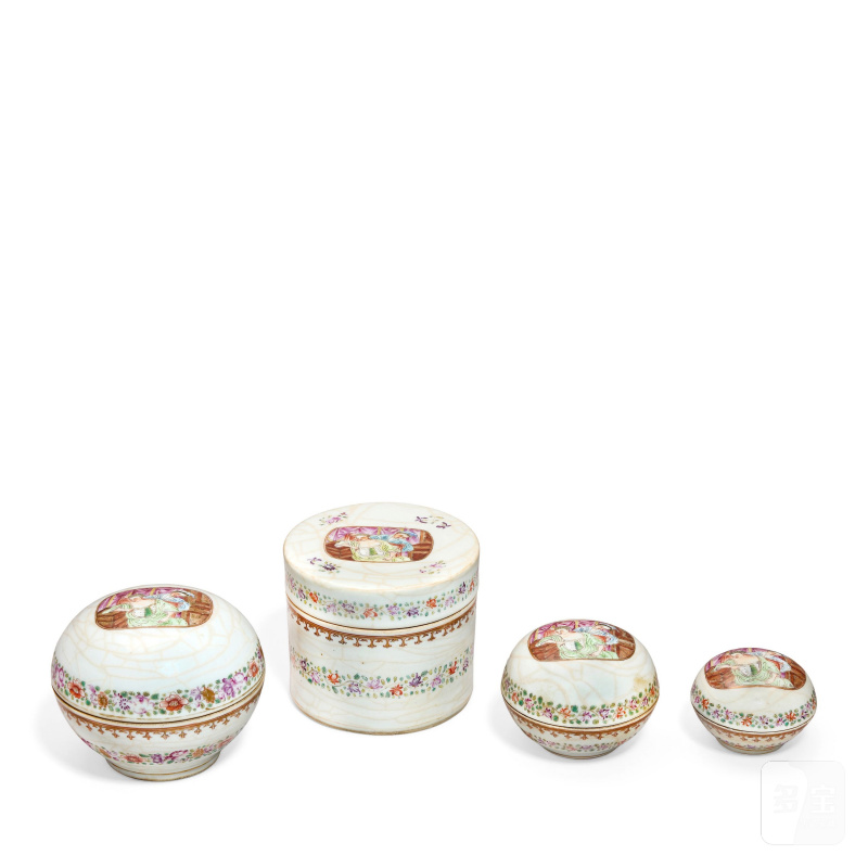 清乾隆 漿胎粉彩西洋人物蓋盒一組四件 | A SET OF FOUR RARE GRADUATED SOFT-PASTE FAMILLE ROSE 'EUROPEANS' BOXES AND COVERS - 图1